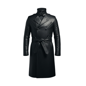 Manteau long en cuir véritable noir pour homme, col à revers, double boutonnage, avec ceinture, manches régulières - Product Image 3
