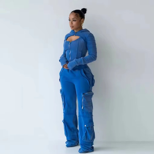 Survêtement décontracté pour femme, veste bleue à fermeture éclair avec pantalon cargo élégant, survêtements personnalisés avec logo pour femme - Product Image 3