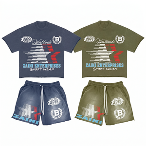 320 GSM Premium Cotton French Terry Oversized T Shirt and Shorts <b>Set</b> Navy Olive Puff Print Screen T Shirt & Short <b>Set</b> - Product Image 1