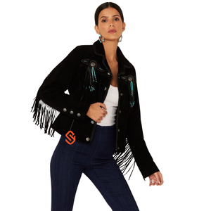 Black Fringe <b>Suede</b> <b>Jacket</b> Women Turquoise Beaded Concho Trim Boho Cowgirl Coat Handcrafted Tassel Outerwear Bulk Supplier USA - Product Image 1