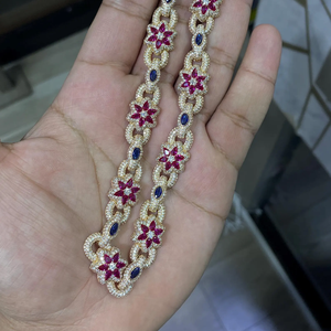 18K Gold Plated Flower Chain <b>Bracelet</b> With <b>Ruby</b> And Sapphire Inlay Micro Pave Classic Unisex Jewelry - Product Image 1