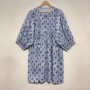 Robe décontractée mi-longue pour femme en coton tissé 100% à imprimé floral, manches ballon, taille empire, style babydoll, col en V oversize, coupe ample, pour le quotidien - Product Image 2