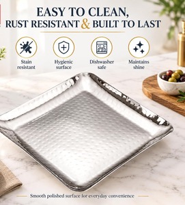 Stainless Steel Square Hammered Finish Deep Serving Tray Premium Multipurpose Platter <b>Plate</b> for <b>Snacks</b> Starters BBQ Parties - Product Image 6