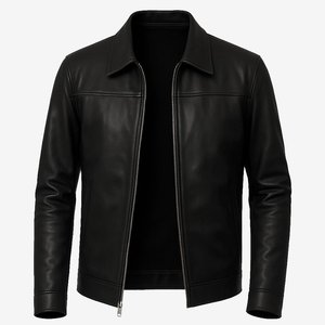 Nouvelle veste moto homme en cuir véritable très demandée, col rabattable, fermeture éclair avant, noir uni, coupe ajustée, vêtement d'extérieur décontracté pour l'automne - Product Image 6