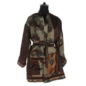 KS003 Kimono Vintage de Seda con Manga Corta, Estilo Sari, Vestido Boho Corto, Vestido de Dama de Honor - Product Image 4