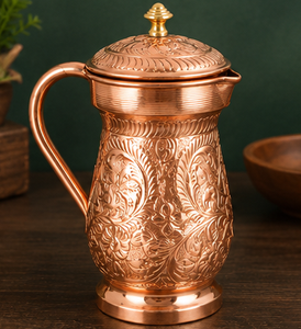 Carafe à eau artisanale en cuivre pur de qualité supérieure avec couvercle, motif floral gaufré vintage, grande capacité, vaisselle pour la maison - Product Image 5