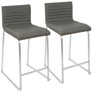 Mara 26\" Contemporary Counter <b>Stool</b> Set of 2 Brushed Stainless Steel & Walnut Wood Grey Faux <b>Leather</b> Modern Bar <b>Stools</b> - Product Image 1