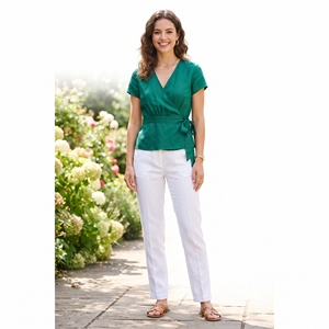 Blusa Casual de Verano para Mujer, Cuello en V, Cintura Ajustable con Lazo, Manga Corta, Satén 100% Poliéster, Corte Holgado, OEM ODM Venta al Por Mayor - Product Image 3
