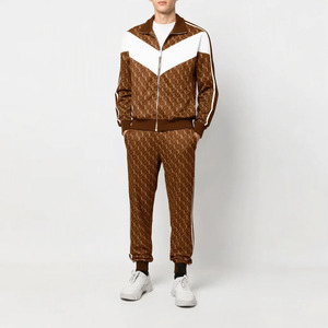 Ensemble de survêtement pour homme, couleur marron, blocs de couleurs, veste zippée à col montant, imprimé intégral, tenue sportive deux pièces - Product Image 2