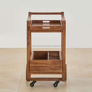 Chariot de bar à 2 niveaux en rotin et bois massif moderne avec roulettes, chariot de service roulant au design tendance - Product Image 5