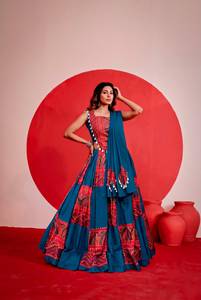 Traditional Indian Cotton Floor-Length <b>Lehenga</b> Choli & Kodi Lace Touch UDupatta Embossed Foil Work Sun Protection for Wedding - Product Image 1