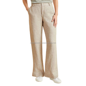 Pantalones rectos de lino de estilo europeo para mujer, pantalones de oficina de lino con botones Beige, último diseño personalizable - Product Image 1