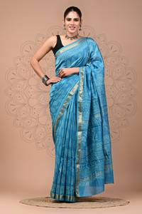 Sari BAGRU BLOCK Maheshwari de Seda y Algodón, con Borde Dorado Zari, Estampado a Mano, Tradicional Indio para Bodas, Venta al Por Mayor - Product Image 4