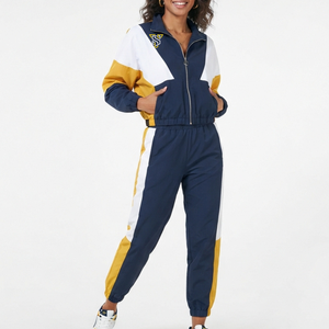 <b>Women's</b> Color Blocked Tracksuit Set Full Sleeve Zipper Sporty Style <b>Navy</b> White Yellow Knitted Polyester Regular Fit Ankle Length - Product Image 1