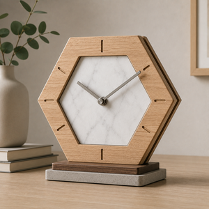 Minimalist Hexagonal Wood Desk <b>Clock</b> With Green Glass Face And Marble Center Silent Quartz Movement - Product Image 3