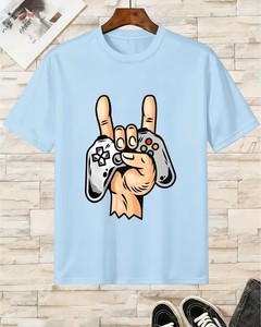 Men's <b>Light</b> Blue T-Shirt With <b>Gaming</b> Controller Hand Print Short Sleeve O-Neck Casual Cartoon Design Regular Fit - Product Image 1