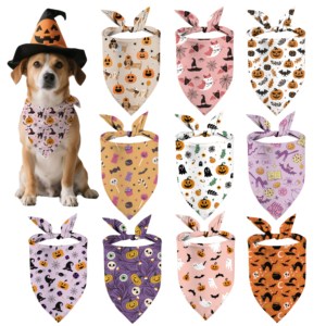 Bandanas d'Halloween pour chiens et chats, motif citrouille, chauve-souris, crâne, foulard personnalisé imprimé pour animaux de compagnie, accessoire saisonnier en gros - Product Image 1