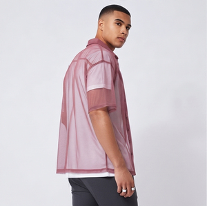 Chemise transparente en maille boutonnée pour homme, manches courtes, décontractée, coupe ample, en polyester, pour l'été - Product Image 6