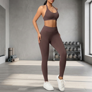 Ensemble de yoga 2 pièces pour femme XXL, couleur unie, col halter et col rond, sans couture, taille haute, en Nylon Spandex, respirant, extensible, effet galbant - Product Image 5