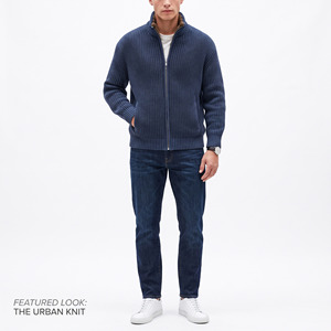 Cardigan zippé en laine mélangée bleu marine pour homme, col roulé, couleur unie, manches longues, tricot épais, vêtement d'hiver anti-boulochage - Product Image 1