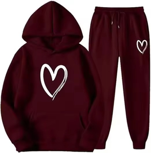 Ensemble de survêtement décontracté pour femme, automne, imprimé cœur, gris, manches longues, cordon de serrage, couleur unie, respirant, 100% coton - Product Image 5