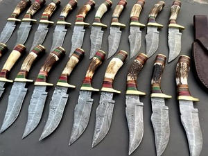 Cuchillo de caza utilitario de acero de Damasco, punta caída, espiga completa, mango de asta de ciervo, 7 pulgadas, grado industrial, venta al por mayor - Product Image 3