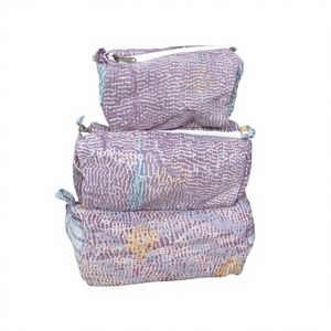 Wholesale 100% kantha Tassel Zipper Pouch 3-Piece set Vintage Large Eco-Friendly Portable Women's Cosmetic Organizer Bag Set - Product Image 1
