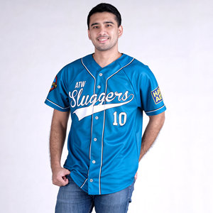 Maillot de baseball bleu ATW Sluggers pour homme, manches courtes, boutons intégraux, logo de l'équipe imprimé, 100 % polyester, coupe classique - Product Image 3