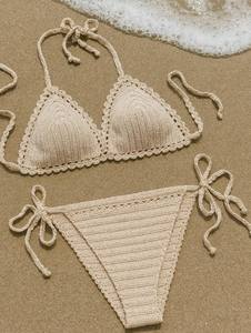 Ensemble de bikini au crochet fait main – Maillot de bain beige tricoté style bohème - Product Image 2
