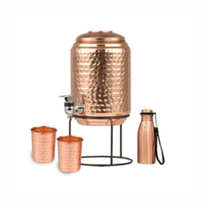 En gros Distributeur d'eau en cuivre massé pur avec support métallique, robinet et ensemble de 2 bouteilles - Product Image 1