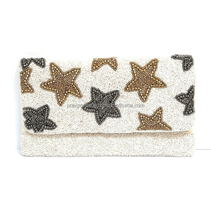Pochette de soirée pour femme faite à la main avec des perles en forme d'étoile, or blanc, noir, porte-monnaie, sac de fête, mariage indien, décontracté, Saint-Valentin - Product Image 1