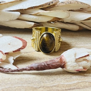 Statement Design <b>Tiger</b> <b>Eye</b> Brass Gemstone <b>Ring</b> Gold Plated Leaf Texture Tribal Vintage Style Chunky Handmade Wholesale Womens - Product Image 1