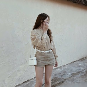 Women's Solid 2 Piece <b>Set</b> Beige Crepe Top Three Quarter Sleeves High Waist Shorts Casual Spring Summer Outfit Breathable Quick - Product Image 1