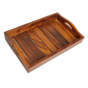 Venta caliente Ecológico Bandeja de servicio de madera de acacia Diseño cuadrado clásico con patrón de tamaño personalizado Material de latón para el hogar Hotel - Product Image 5