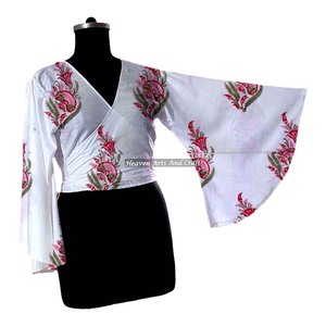 2026 Trending Collection V <b>Neck</b> Bell Sleeves Women Wrap Tie Tops Wholesale Spring Summer Casual Tops For Women Wearing - Product Image 4