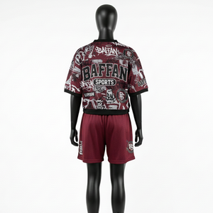 ชุดกีฬาผู้หญิงผ้าโพลีเอสเตอร์ตาข่ายพรีเมียม ระบายอากาศได้ดี สีแดงเลือดหมู-ดำ พิมพ์ลายกราฟิก ออกแบบโลโก้ด้วยเทคนิค Sublimation ได้ตามต้องการ - Product Image 4