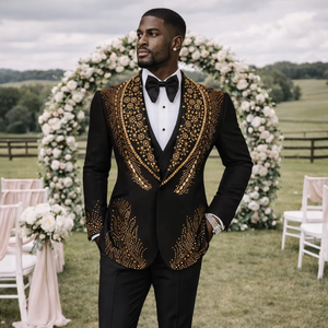 Mens Black & Gold Embroidered Wedding Tuxedo Jacket Designer Shawl Lapel <b>Blazer</b> with Heavy Handwork for Groom Luxury Party Wear - Product Image 1