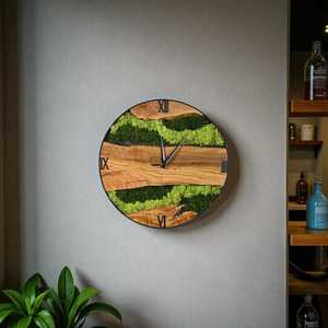 Handmade Wooden Clock Natural Preserved Moss Wall Clock Unique Olive Wood Frame Eco-Friendly Custom Modern Design - Product Image 3