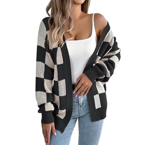Cárdigan de punto con patrón geométrico personalizado, manga larga, informal, para otoño, con puños acanalados, suéter acrílico para damas. - Product Image 1