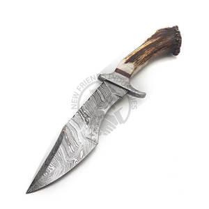 Cuchillo Bowie de Acero de Damasco Hecho a Mano de Alta Calidad, Cuchillo de Hoja Fija Afilada para Caza al Aire Libre con Mango de Corona de Ciervo - Product Image 1