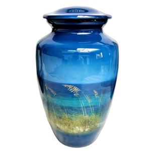 Urne commémorative de cendres de crémation en métal Plage regardant à travers l'avoine de mer à la plage de sable blanc eau émeraude - Product Image 1