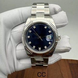 Montre automatique de luxe en acier inoxydable, cadran bleu soleil, index diamantés, lunette cannelée pour bracelet, mouvement mécanique ETA - Product Image 1