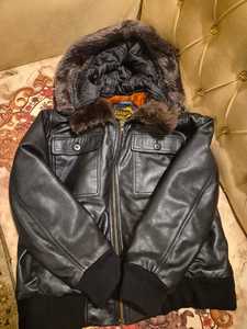 ChampKing Men's <b>Black</b> Leather <b>Jacket</b> Brown <b>Faux</b> <b>Fur</b> Hood Zipper Closure - Product Image 1