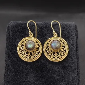 Pendientes de latón con labradorita natural |   Pendientes Colgantes Hechos a Mano con Piedras Preciosas |   Joyería al por Mayor - Product Image 2