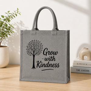 Grow With Kindness Tree Print Jute Shopping <b>Bag</b> <b>Medium</b> <b>Size</b> Zipper Closure Hand Length Handle Gray - Product Image 4