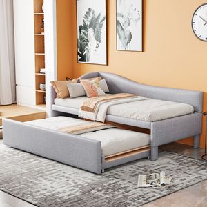 Cama nido en forma de L gris tamaño twin con cama nido extraíble tapizada - Product Image 3