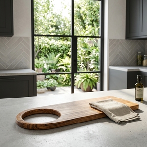 Ensemble d'ustensiles de cuisine en bois de teck massif de qualité alimentaire, planche longue, plateau en bois artisanal, plateau de service artisanal balinais avec poignée en anneau - Product Image 3
