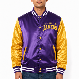 Blouson Bomber en Satin en Gros, Couleurs de l'Équipe de Basketball de Los Angeles (Violet et Or), Broderie Personnalisée, Fournisseur en Gros de Blousons Universitaires - Product Image 2