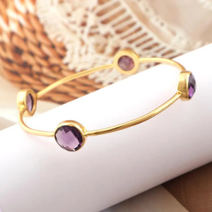 Handmade gold plated amethyst bangle <b>bracelet</b> – Cuff design with faceted purple stones - Product Image 1