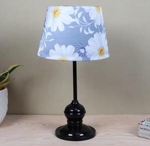 Traditional Blue Floral Fabric Drum Shade Table <b>Lamp</b> With Black Plastic Base <b>Warm</b> White Light For Bedroom Decorative Lighting - Product Image 1
